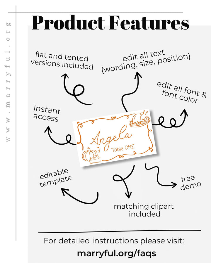 Editable Friendsgiving Dinner Place Cards and Thanksgiving Food Label Template with Whimsical Handwritten Pumpkin #070 - TheLovebirdsDesign