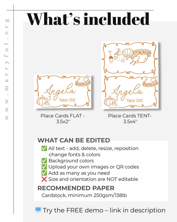 Editable Friendsgiving Dinner Place Cards and Thanksgiving Food Label Template with Whimsical Handwritten Pumpkin #070 - TheLovebirdsDesign