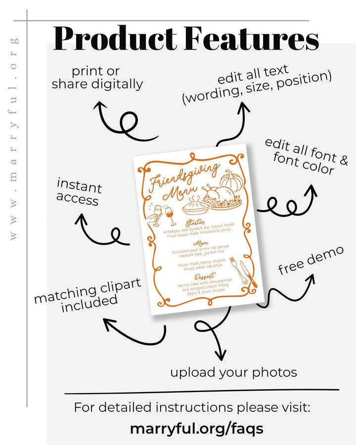 Custom Friendsgiving Dinner Menu Card Template for a Whimsical and Cozy Thanksgiving Potluck Dinner #070 - TheLovebirdsDesign