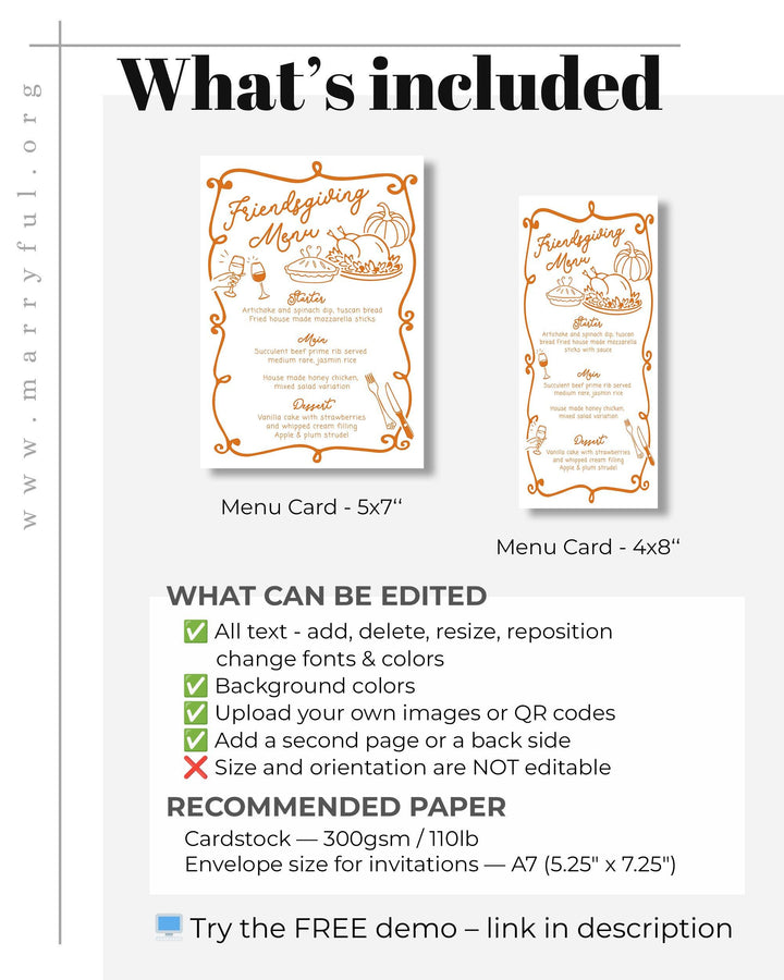 Custom Friendsgiving Dinner Menu Card Template for a Whimsical and Cozy Thanksgiving Potluck Dinner #070 - TheLovebirdsDesign
