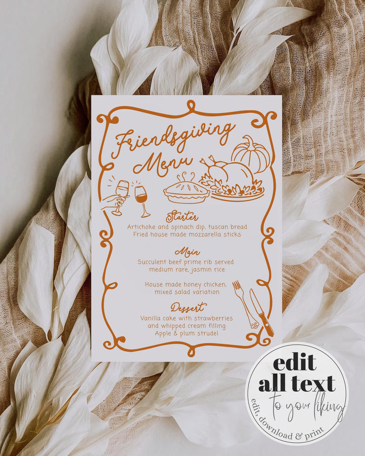 Custom Friendsgiving Dinner Menu Card Template for a Whimsical and Cozy Thanksgiving Potluck Dinner #070 - TheLovebirdsDesign