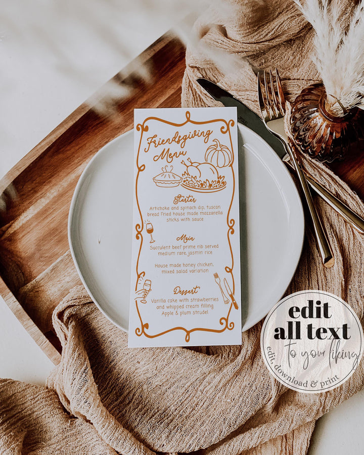 Custom Friendsgiving Dinner Menu Card Template for a Whimsical and Cozy Thanksgiving Potluck Dinner #070 - TheLovebirdsDesign