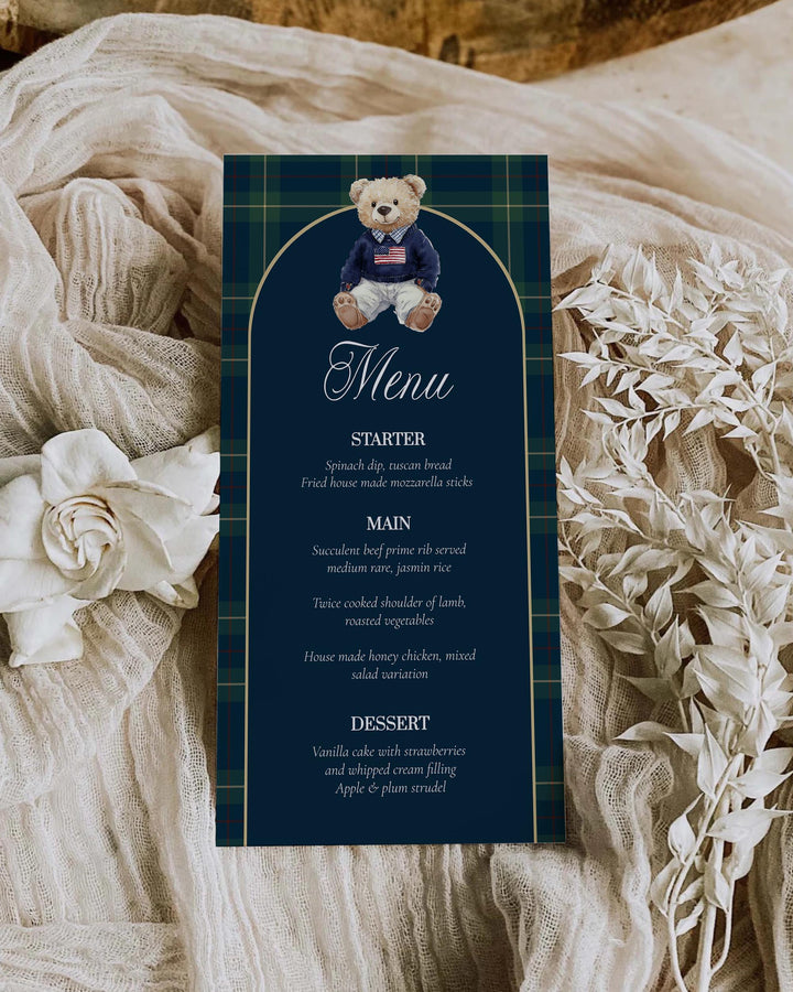 Polo Teddy Bear Menu Card Template, Vintage Navy Green Plaid Table Menu #068rl - TheLovebirdsDesign