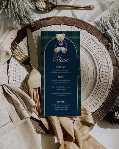 Polo Teddy Bear Menu Card Template, Vintage Navy Green Plaid Table Menu #068rl - TheLovebirdsDesign