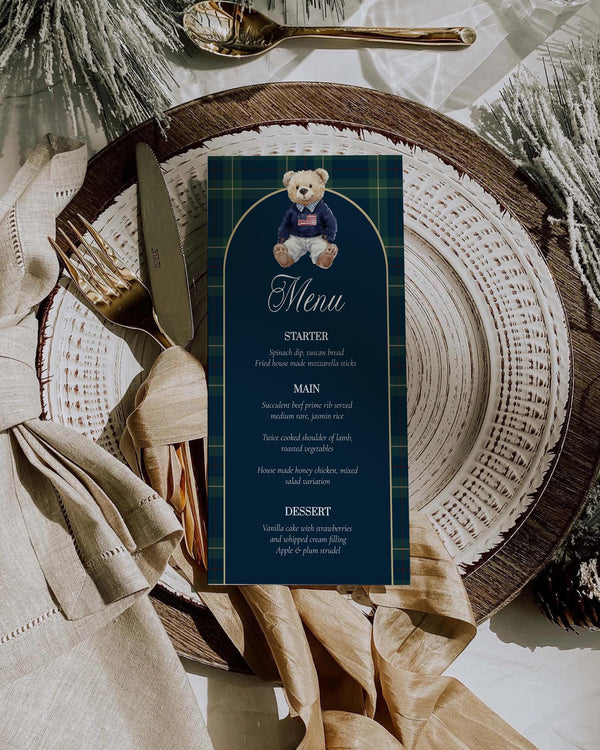Polo Teddy Bear Menu Card Template, Vintage Navy Green Plaid Table Menu #068rl - TheLovebirdsDesign