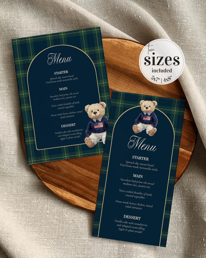 Polo Teddy Bear Menu Card Template, Vintage Navy Green Plaid Table Menu #068rl - TheLovebirdsDesign