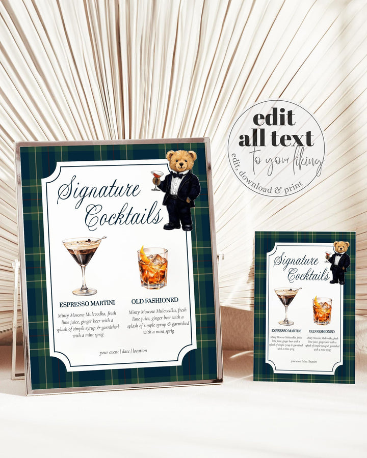 Polo Teddy Bear Bar Menu Sign Template, Signature Cocktail Party Printable #068rl - TheLovebirdsDesign
