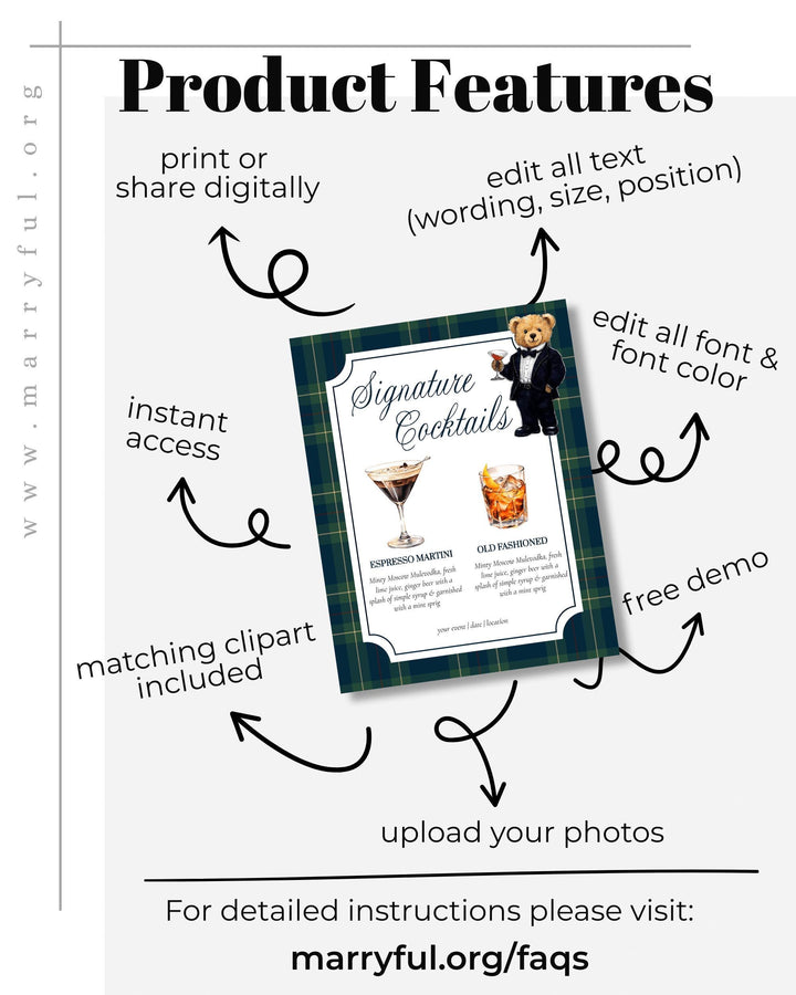 Polo Teddy Bear Bar Menu Sign Template, Signature Cocktail Party Printable #068rl - TheLovebirdsDesign