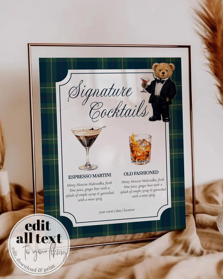 Polo Teddy Bear Bar Menu Sign Template, Signature Cocktail Party Printable #068rl - TheLovebirdsDesign