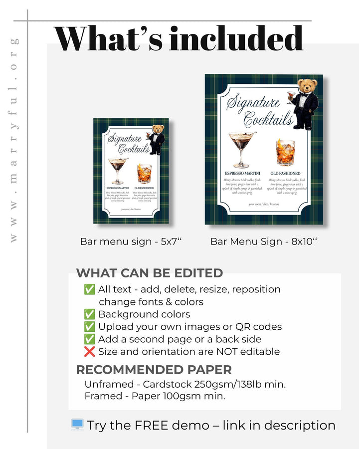 Polo Teddy Bear Bar Menu Sign Template, Signature Cocktail Party Printable #068rl - TheLovebirdsDesign