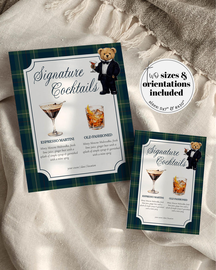 Polo Teddy Bear Bar Menu Sign Template, Signature Cocktail Party Printable #068rl - TheLovebirdsDesign