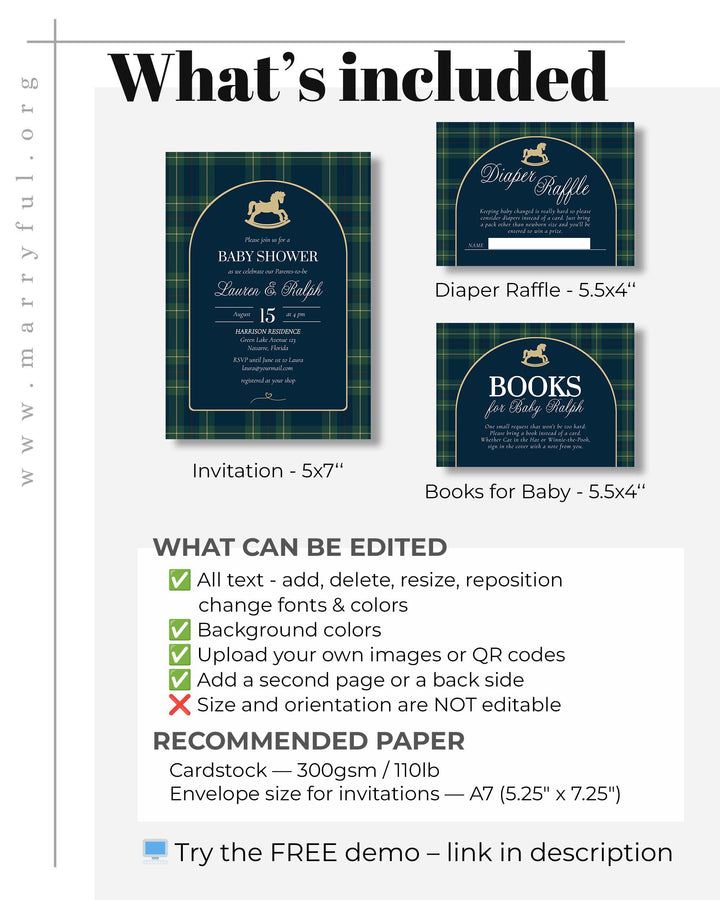 Polo Rocking Horse Baby Shower Invitation Template, Navy Green Plaid Theme #068rl - TheLovebirdsDesign