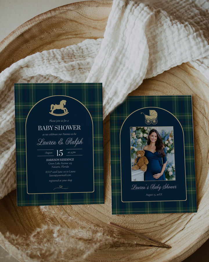 Polo Rocking Horse Baby Shower Invitation Template, Navy Green Plaid Theme #068rl - TheLovebirdsDesign