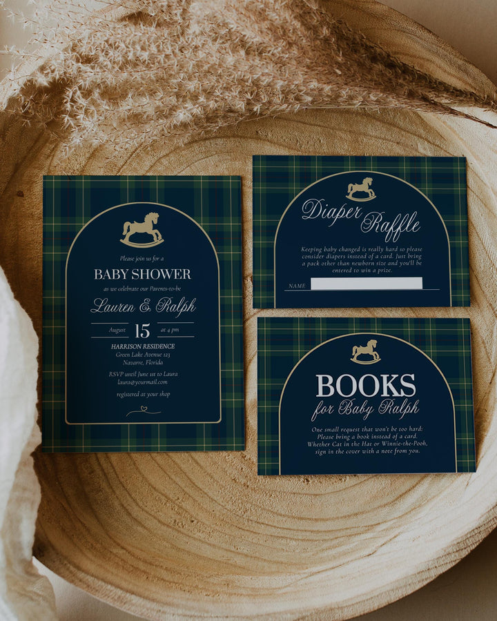 Polo Rocking Horse Baby Shower Invitation Template, Navy Green Plaid Theme #068rl - TheLovebirdsDesign