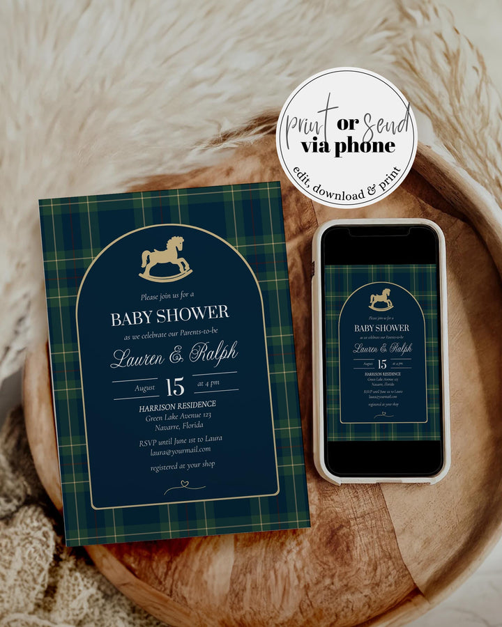 Polo Rocking Horse Baby Shower Invitation Template, Navy Green Plaid Theme #068rl - TheLovebirdsDesign