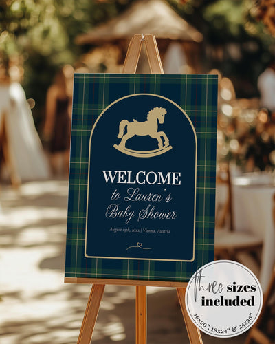 Polo Rocking Horse Baby Shower Welcome Sign Template, Navy Green Gold Theme #068rl - TheLovebirdsDesign