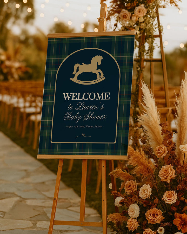 Polo Rocking Horse Baby Shower Welcome Sign Template, Navy Green Gold Theme #068rl - TheLovebirdsDesign