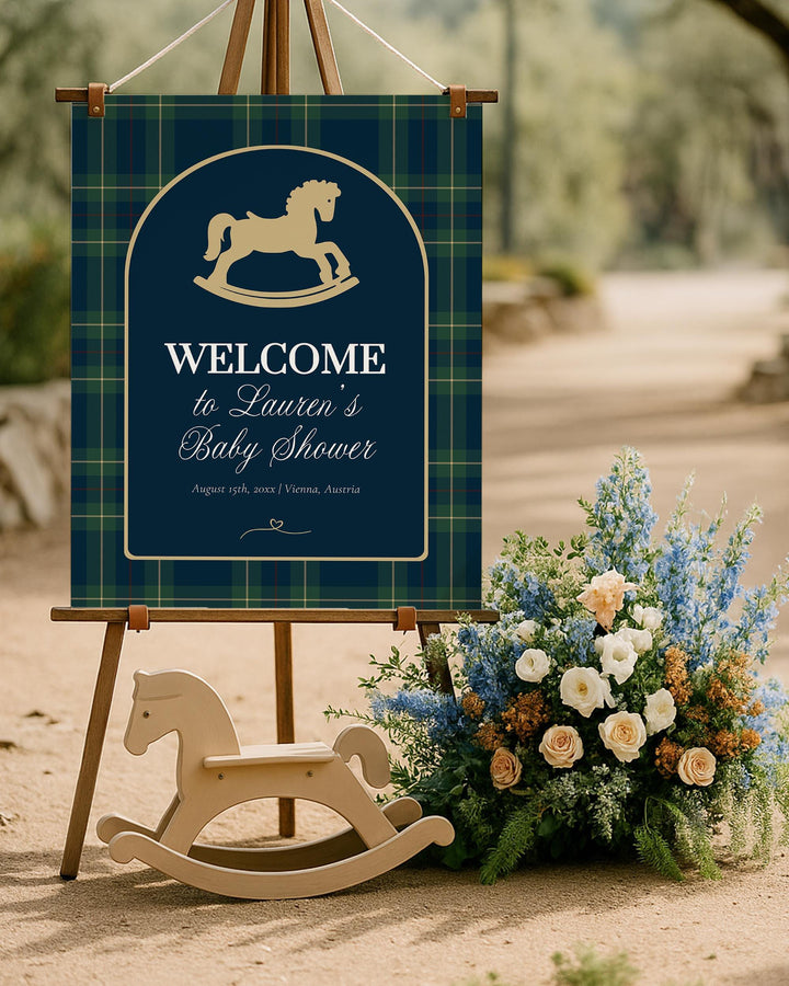 Polo Rocking Horse Baby Shower Welcome Sign Template, Navy Green Gold Theme #068rl - TheLovebirdsDesign