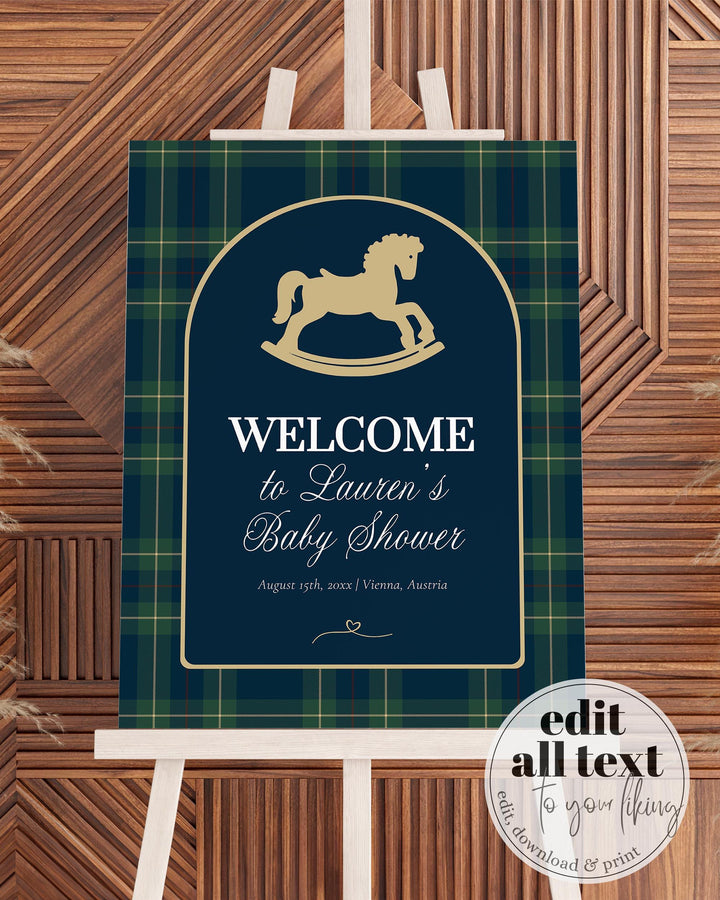 Polo Rocking Horse Baby Shower Welcome Sign Template, Navy Green Gold Theme #068rl - TheLovebirdsDesign