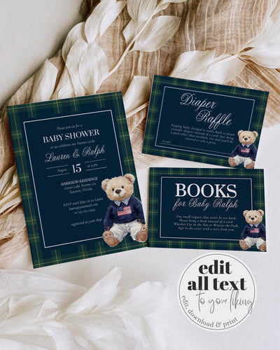 Vintage Polo Teddy Baby Shower Invitation Template, Preppy Plaid Bear Theme #068rl - TheLovebirdsDesign