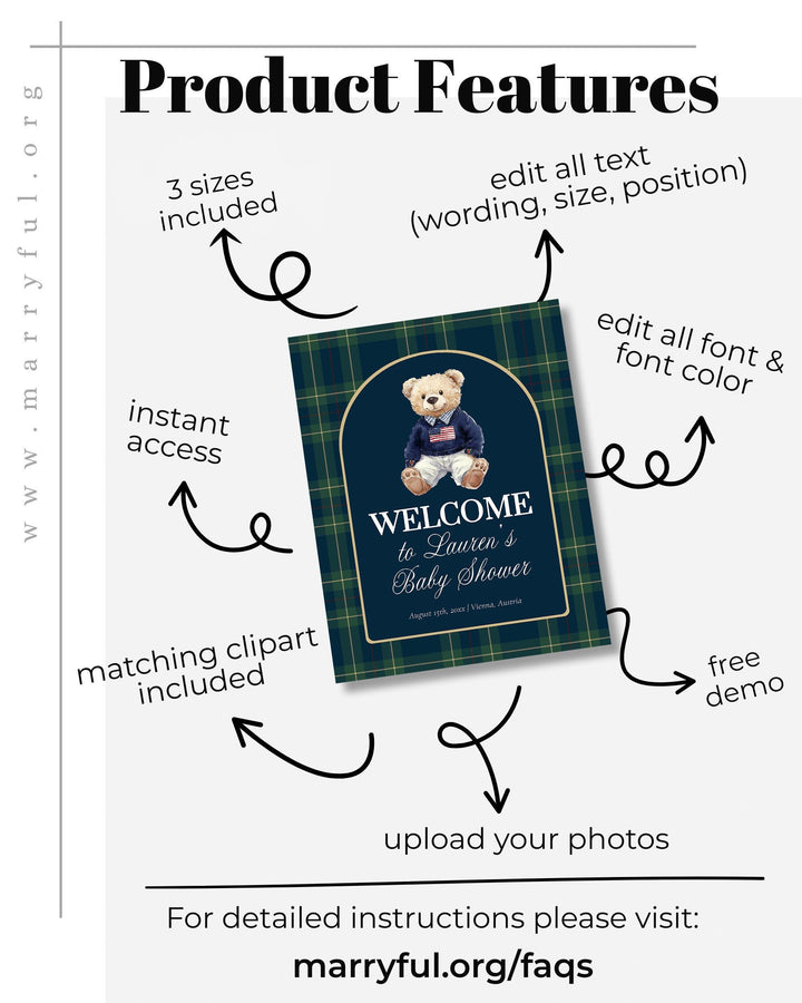 Polo Teddy Baby Shower Welcome Sign Template, Navy Green Luxury Bear Décor #068rl - TheLovebirdsDesign