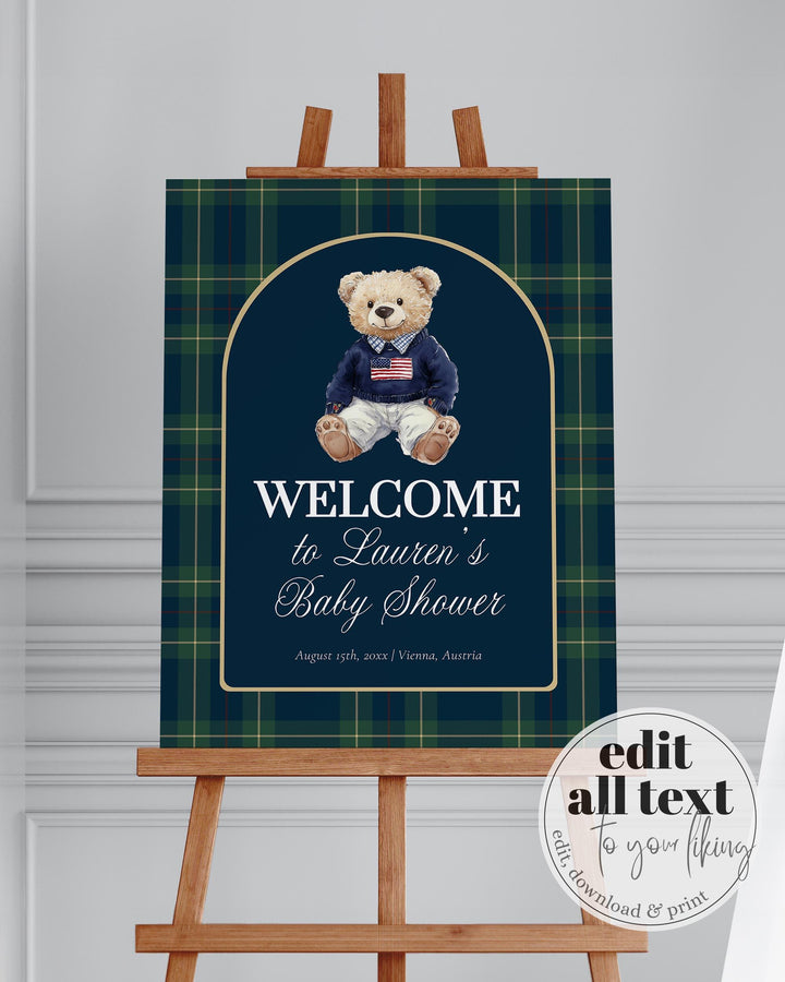 Polo Teddy Baby Shower Welcome Sign Template, Navy Green Luxury Bear Décor #068rl - TheLovebirdsDesign