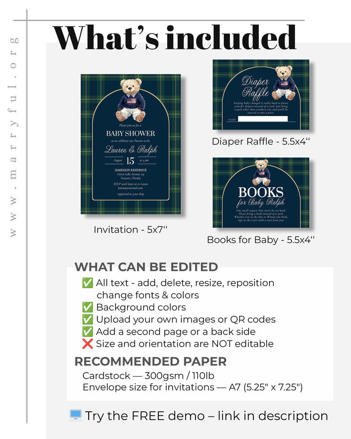 Polo Bear Baby Shower Invitation Template, Vintage Navy Green Plaid Teddy Invite #068rl - TheLovebirdsDesign