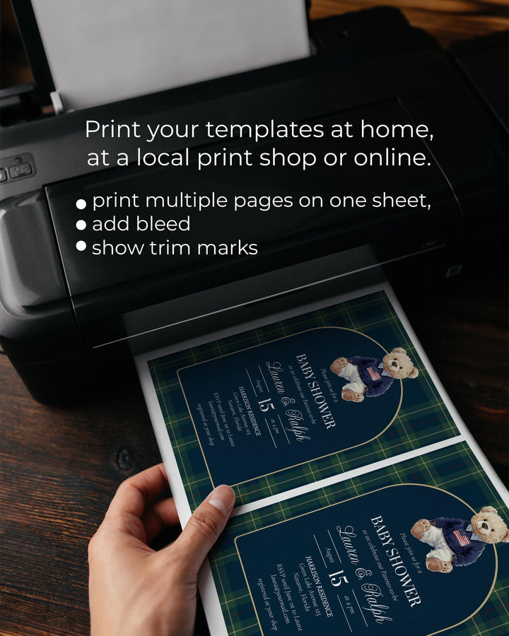 Polo Bear Baby Shower Invitation Template, Vintage Navy Green Plaid Teddy Invite #068rl - TheLovebirdsDesign