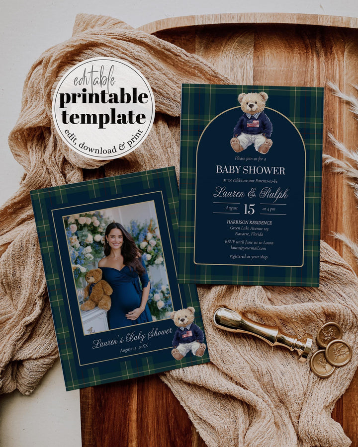 Polo Bear Baby Shower Invitation Template, Vintage Navy Green Plaid Teddy Invite #068rl - TheLovebirdsDesign