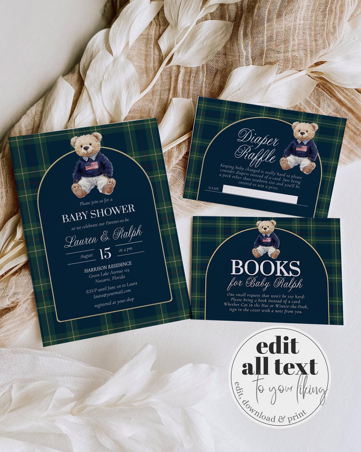 Polo Bear Baby Shower Invitation Template, Vintage Navy Green Plaid Teddy Invite #068rl - TheLovebirdsDesign