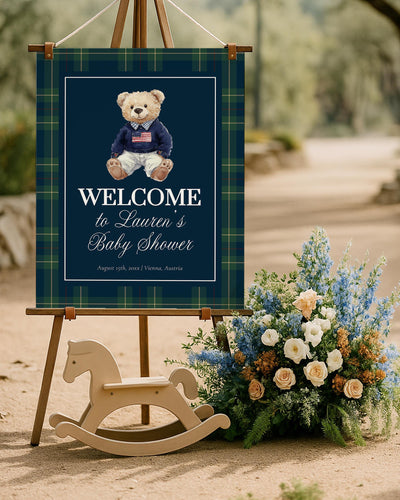 Vintage Polo Teddy Baby Shower Welcome Sign Template, Navy Green Luxury Theme #068rl - TheLovebirdsDesign