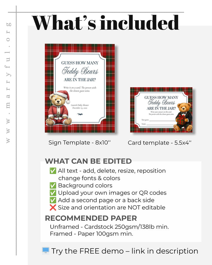 Christmas Teddy Bear Baby Shower Game: Guessing Game Template (Digital Download) #068ch - TheLovebirdsDesign