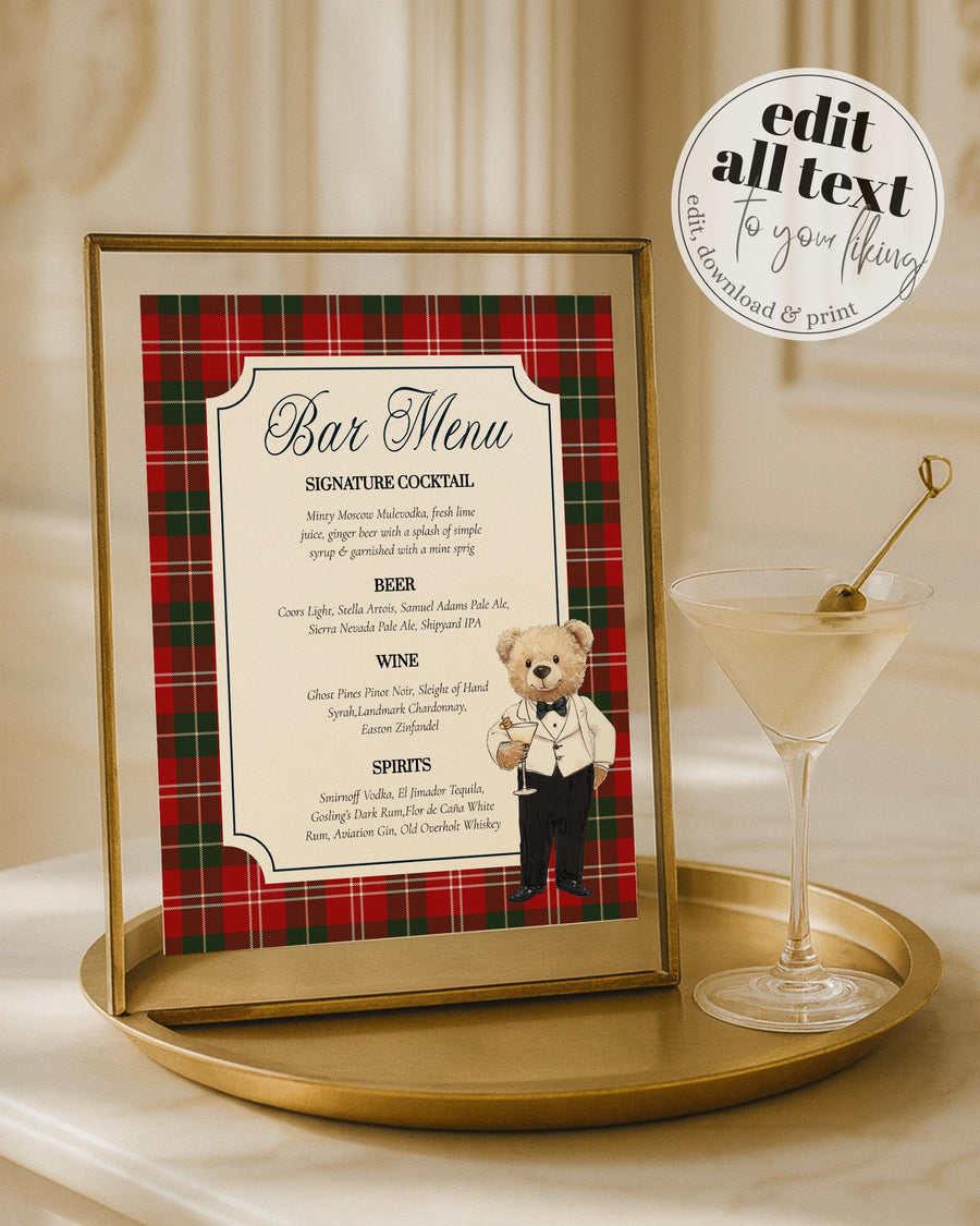 Christmas Teddy Bear Bar Menu Sign Template, Vintage Holiday Cocktail Decor 068CH-BAME - marryful.org