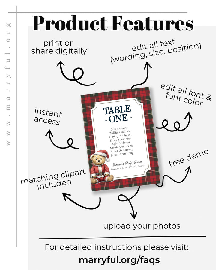 Christmas Teddy Bear Seating Cards Template: Red Plaid Winter Baby Shower (Digital Download) #068ch - TheLovebirdsDesign