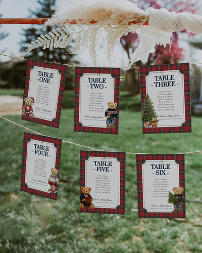 Christmas Teddy Bear Seating Cards Template: Red Plaid Winter Baby Shower (Digital Download) #068ch - TheLovebirdsDesign