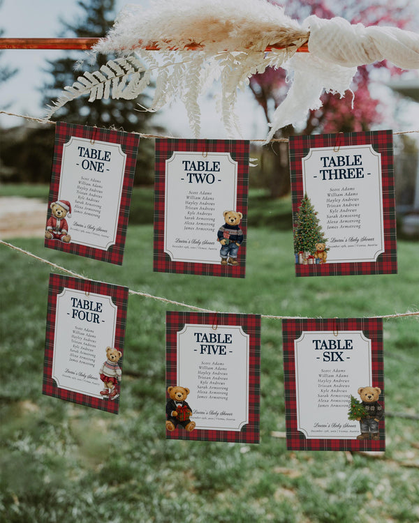 Christmas Teddy Bear Seating Cards Template: Red Plaid Winter Baby Shower (Digital Download) #068ch - TheLovebirdsDesign