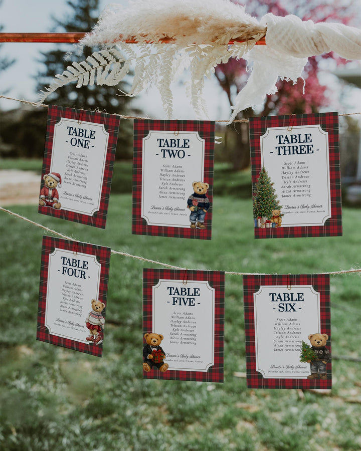 Christmas Teddy Bear Seating Cards Template: Red Plaid Winter Baby Shower (Digital Download) #068ch - TheLovebirdsDesign