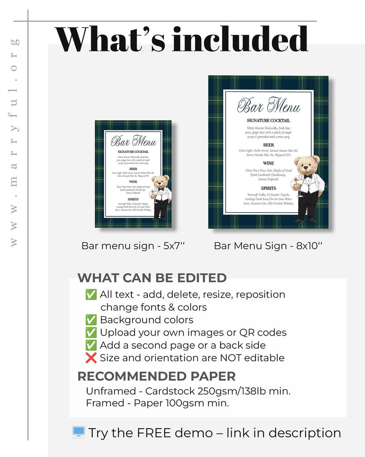 Vintage Polo Teddy Bear Bar Menu Sign Template (Digital Download) #068rl - TheLovebirdsDesign