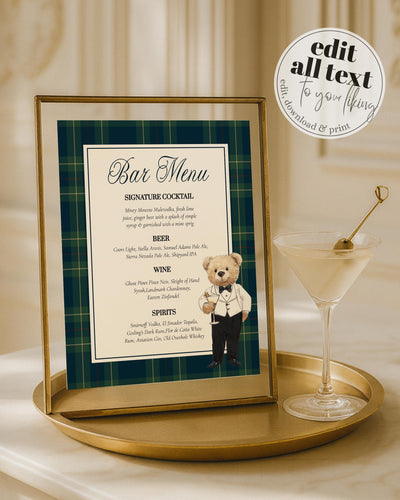 Vintage Polo Teddy Bear Bar Menu Sign Template (Digital Download) #068rl - TheLovebirdsDesign