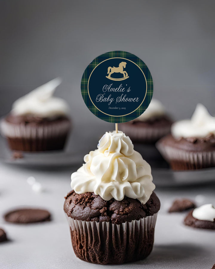 Polo Baby Shower Favor Tag Template, Navy Green Gold Rocking Horse Label Sticker #068rl - TheLovebirdsDesign