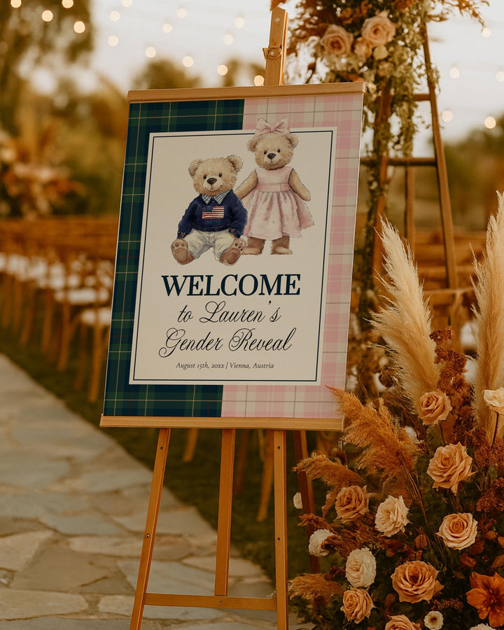Polo Teddy Gender Reveal Welcome Sign Template, Blue Green & Pink Plaid Baby Shower Sign Printable #068rl - TheLovebirdsDesign
