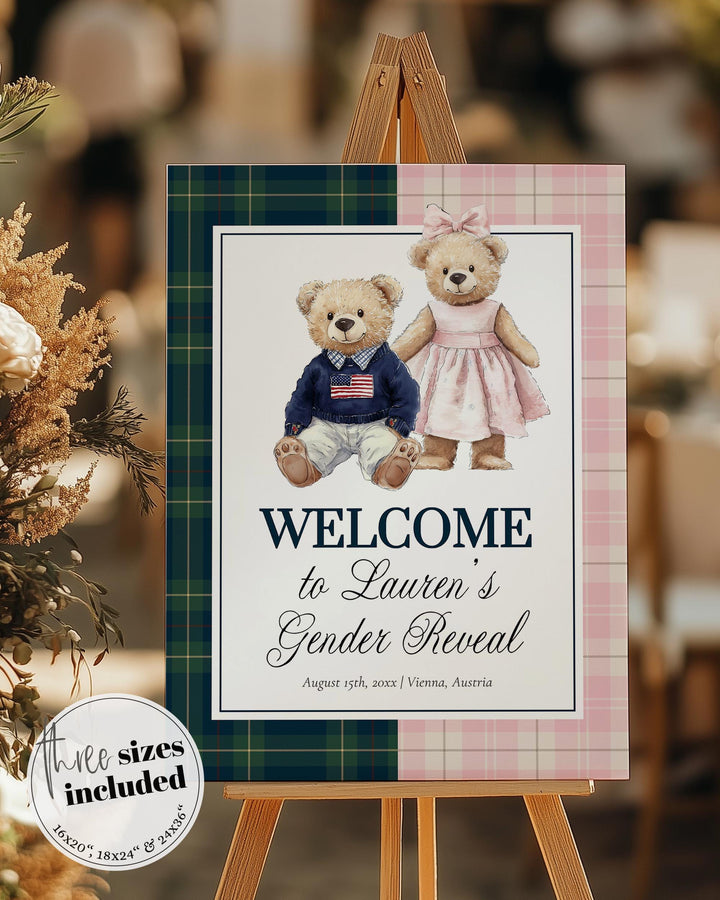 Polo Teddy Gender Reveal Welcome Sign Template, Blue Green & Pink Plaid Baby Shower Sign Printable #068rl - TheLovebirdsDesign