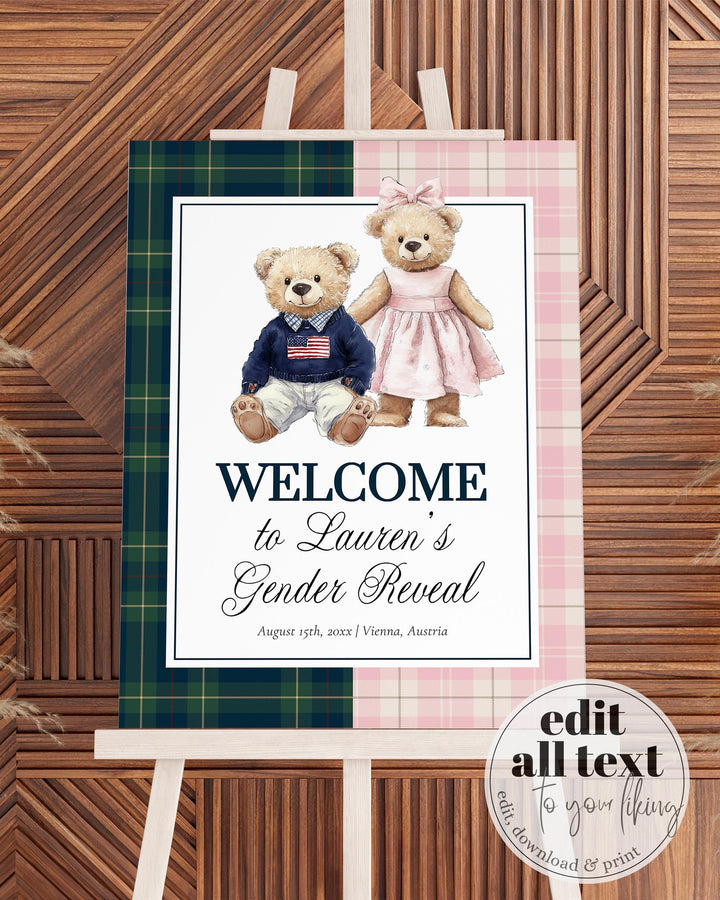 Polo Teddy Gender Reveal Welcome Sign Template, Blue Green & Pink Plaid Baby Shower Sign Printable #068rl - TheLovebirdsDesign