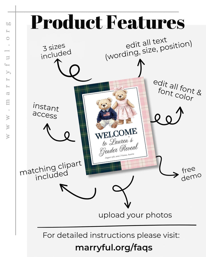 Polo Teddy Gender Reveal Welcome Sign Template, Blue Green & Pink Plaid Baby Shower Sign Printable #068rl - TheLovebirdsDesign