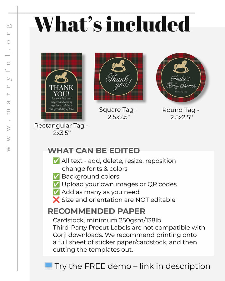 Rocking Horse Gift Tag or Sticker Template, Red Green Plaid Christmas Baby Shower Favor Label #068rh - TheLovebirdsDesign