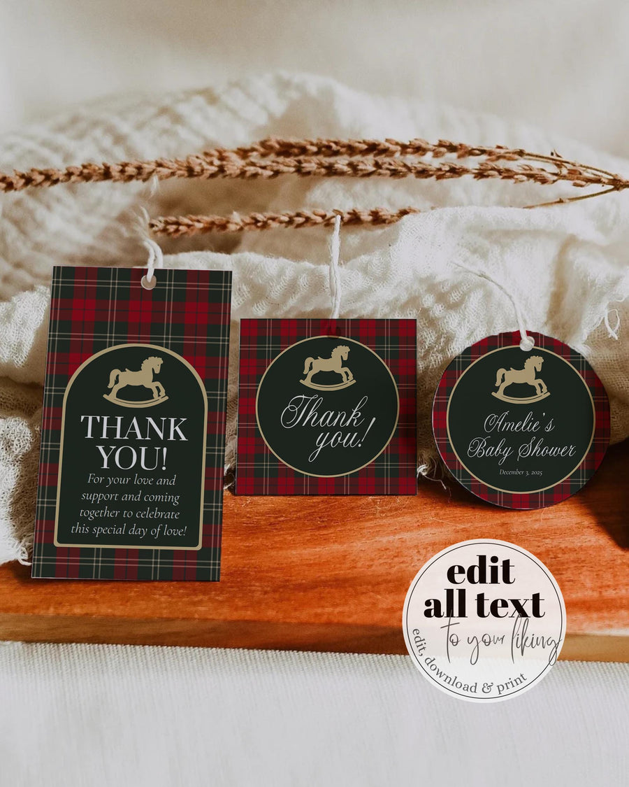 Rocking Horse Christmas Favor Tags, Red Green Plaid Label Sticker Editable Template 068RH-RE-TLST - marryful.org
