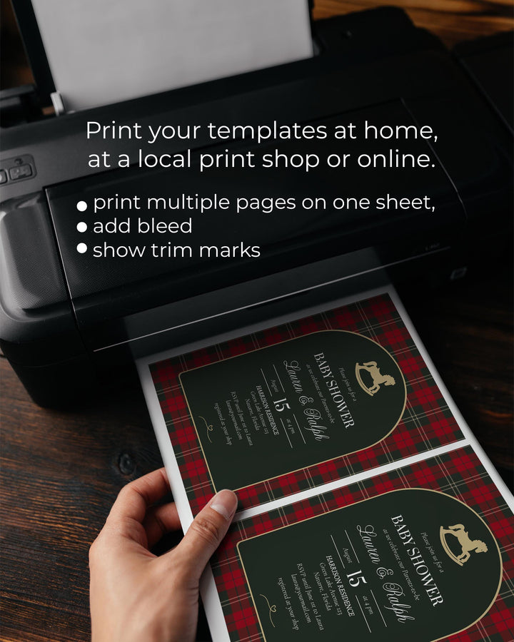 Red and Green Tartan Plaid Baby Shower Invitation Set, Vintage Rocking Horse Christmas Invite Template #068rh - TheLovebirdsDesign
