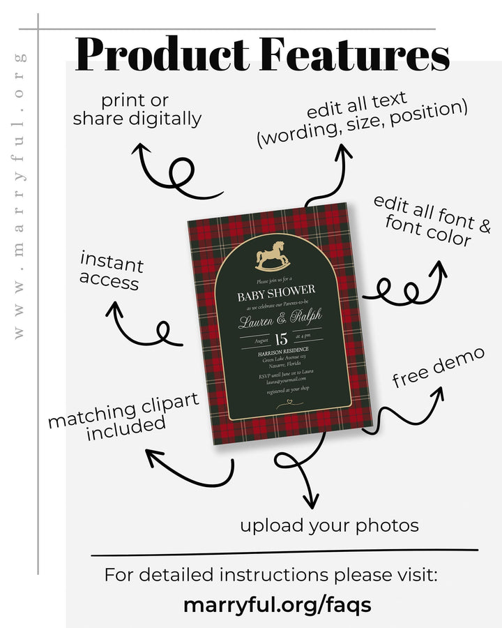 Red and Green Tartan Plaid Baby Shower Invitation Set, Vintage Rocking Horse Christmas Invite Template #068rh - TheLovebirdsDesign