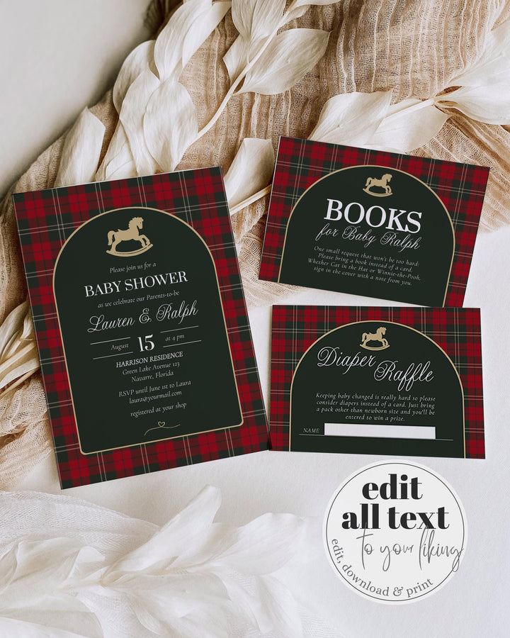 Red and Green Tartan Plaid Baby Shower Invitation Set, Vintage Rocking Horse Christmas Invite Template #068rh - TheLovebirdsDesign