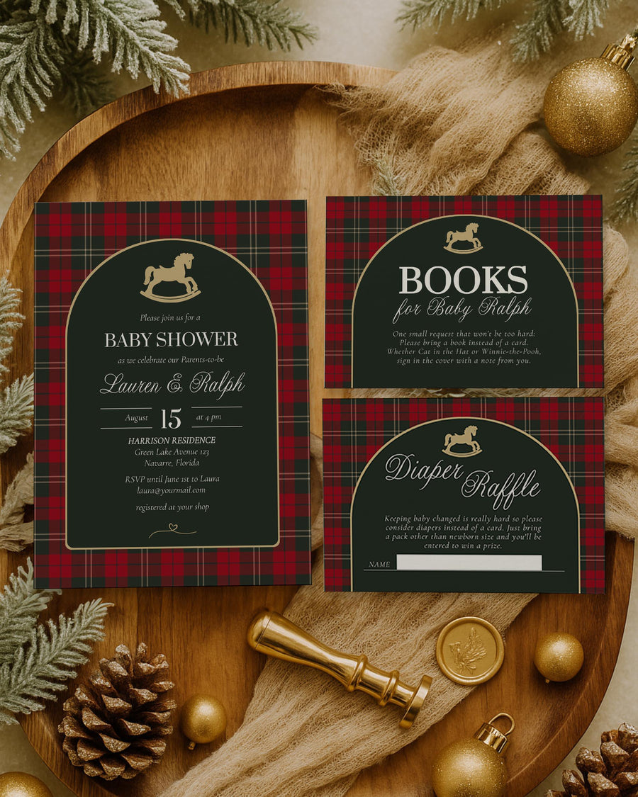 Rocking Horse Christmas Baby Shower Invitation Set, Red Green Plaid Holiday Template 068RH-RE-BSINV - marryful.org